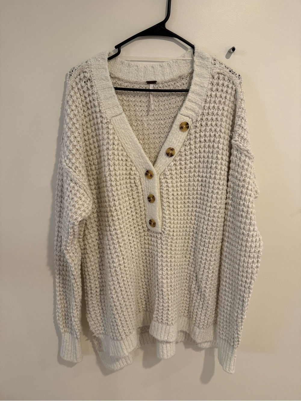 Free People Cream Waffle-Knit V-Neck Sweater with Button Placket